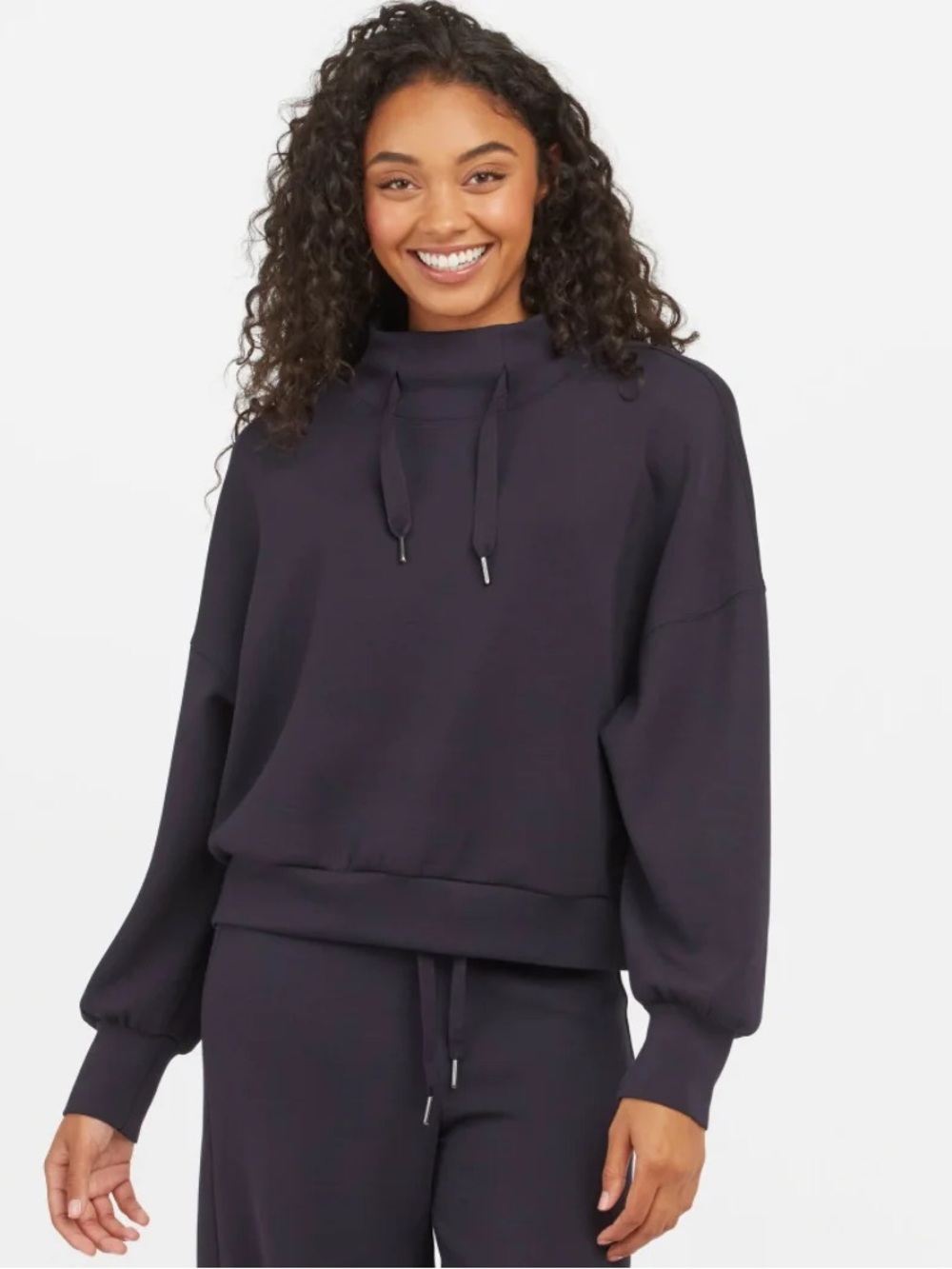 Spanx AirEssentials AirLuxe At The Hip Pullover Sweatshirt Navy Blue Mock Neck